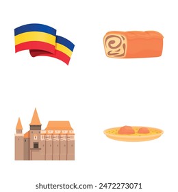 Romania symbol icons set cartoon vector. Various attraction of romania. Travel concept