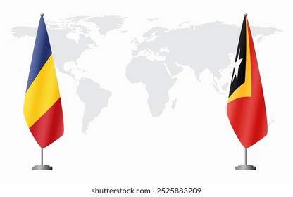 Romênia e Timor-Leste bandeiras para reunião oficial contra fundo do mapa do mundo.