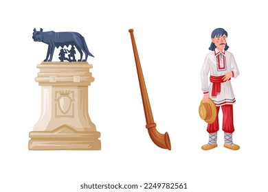 Romania Traditional Symbol with Capitoline Wolf Statue, Alphorn and Man in Ethnic Clothes Vector Set