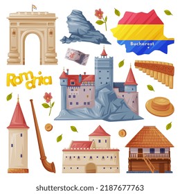 Romania Traditional Symbol and Object with Romanian Bran Castle and Triumphal Arch Vector Set