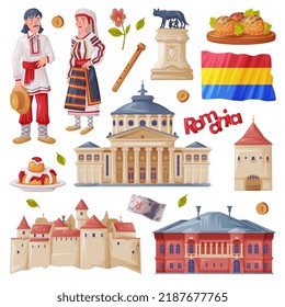 Romania Traditional Symbol and Object with Romanian Athenaeum and National Clothing Vector Set