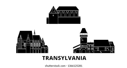 Romania, Transylvania flat travel skyline set. Romania, Transylvania black city vector illustration, symbol, travel sights, landmarks.