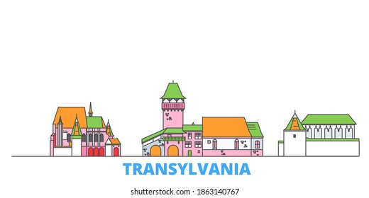 Romania, Transylvania line cityscape, flat vector. Travel city landmarks, outline illustration, line world icons