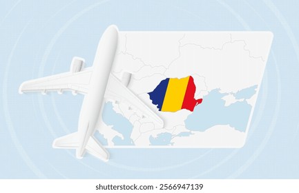 Romania Travel Illustration with Plane and National Flag. Ideal for travel agencies, promotional materials, or geographic content related to Romania.