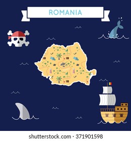 Romania treasure map in flat design. Colorful cartoon treasure map of Romania with flat design icons of pirate ship and jolly roger. Romania flat design vector illustration.