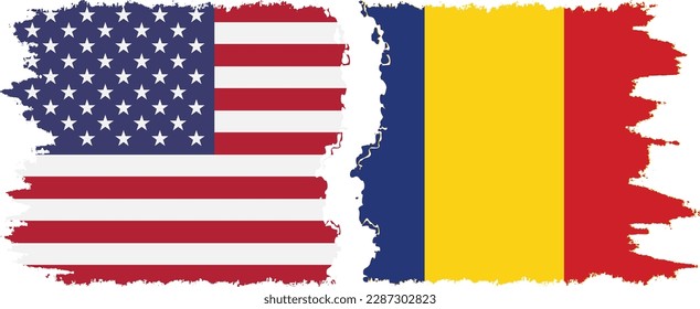 Romania and USA grunge flags connection, vector