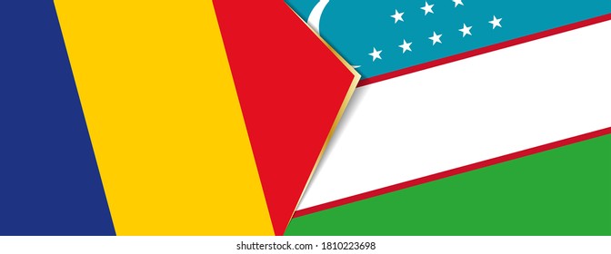 Romania and Uzbekistan flags, two vector flags symbol of relationship or confrontation.