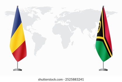 Romania and Vanuatu flags for official meeting against background of world map.