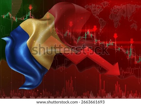 Romania, vector 3d flag financial exchange trend down