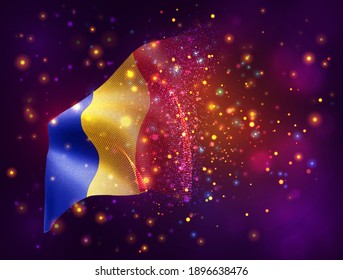 Rumania, bandera vectorial 3d sobre fondo púrpura rosa con iluminación y bengalas