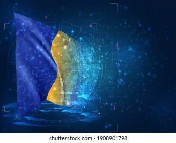 Romania, vector 3d flag on blue background with hud interfaces