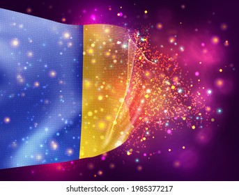 Romania, vector 3d flag on pink purple background with lighting and flares