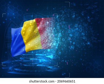 Romania, vector 3d flag on blue background with hud interfaces