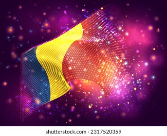 Rumänien, Vektor-3D-Flagge auf rosafarbenem violettem Hintergrund mit Beleuchtung und Aromen