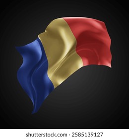 Romania, vector 3d flag with waves on a black background