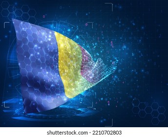 Rumania, bandera vectorial, objeto 3D virtual abstracto de polígonos triangulares sobre fondo azul