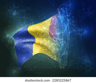 Rumania, bandera vectorial, objeto 3D virtual abstracto de polígonos triangulares sobre fondo azul