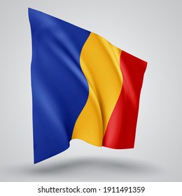 Romania, vector flag with waves and bends waving in the wind on a white background.