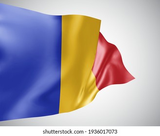 Romania, vector flag with waves and bends waving in the wind on a white background.
