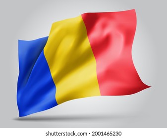 Romania, vector flag with waves and bends waving in the wind on a white background.