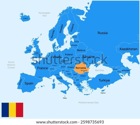 Romania vector map, Europe. Editable Vector map silhouette illustration isolated on Europe, highlighted at Romania. Romania Flag.