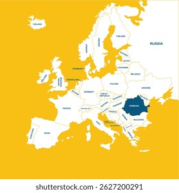 Romania vector map, Europe, vector map silhouette illustration isolated on Europe map. Editable blank vector map of Europe. 