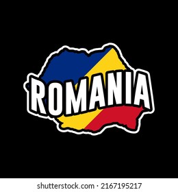 Ilustración de silueta vectorial de Rumania aislada en fondo negro. Pegatina, hecha en Rumania, mapa, silueta, bandera, emblema, identidad, nación.
