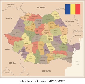 Romania - vintage map and flag - High Detailed Vector Illustration