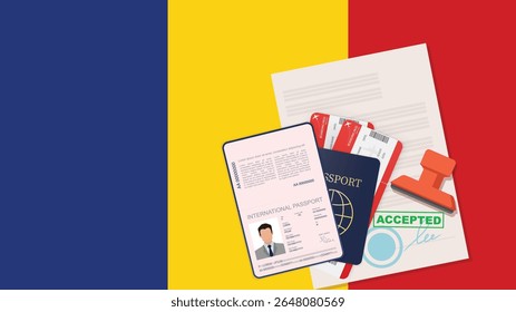 Visto da Romênia, passaporte com carimbo aberto e documento aprovado para a passagem da fronteira. Conceito de visto de imigração. Plano de fundo com bandeira da Romênia. ilustração vetorial