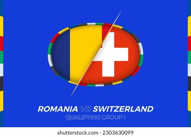 Romania vs Switzerland icon for European football tournament qualification, group I. Competition icon on the stylized background.