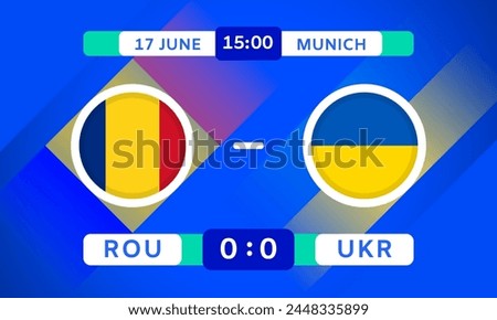 Romania vs Ukraine Match Design Flags Icons with transparency isolated on blue background. Football Championship Competition Infographics. Game Score Template. Vector illustration