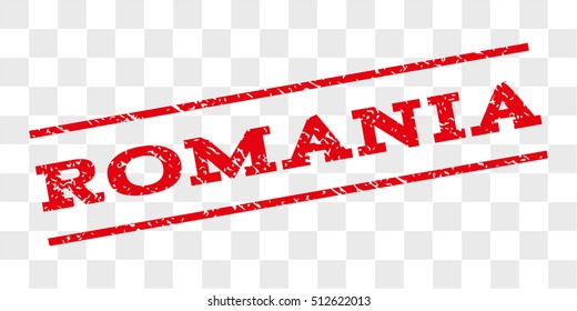 Romania watermark stamp. Text caption between parallel lines with grunge design style. Rubber seal stamp with unclean texture. Vector red color ink imprint on a chess transparent background.