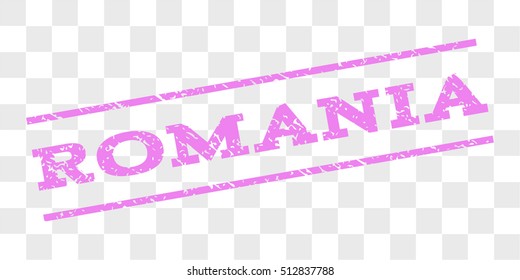 Romania watermark stamp. Text caption between parallel lines with grunge design style. Rubber seal stamp with dust texture. Vector violet color ink imprint on a chess transparent background.