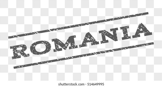 Romania watermark stamp. Text tag between parallel lines with grunge design style. Rubber seal stamp with scratched texture. Vector grey color ink imprint on a chess transparent background.