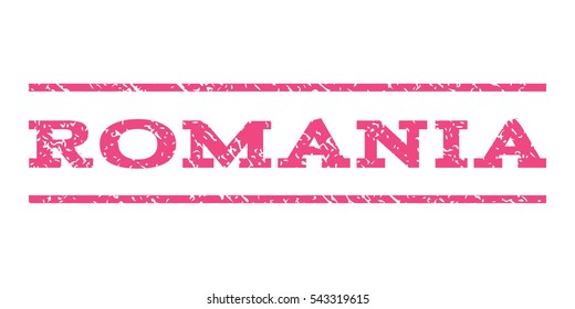 Romania watermark stamp. Text tag between horizontal parallel lines with grunge design style. Rubber seal stamp with unclean texture. Vector pink color ink imprint on a white background.