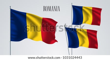 Romania waving flag set of vector illustration. Red yellow blue colors of  Romania wavy realistic flag as a patriotic symbol 