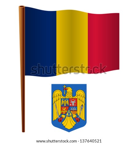 romania wavy flag and coat of arm against white background, vector art illustration, image contains transparency