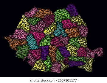 Romania Word Cloud. Region names of the country in the Romanian language. Bright neon style design on a dark background. Romania shape with administrative division. Artistic vector illustration.