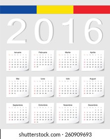 Romanian 2016 vector calendar with shadow angles. Week starts from Sunday.