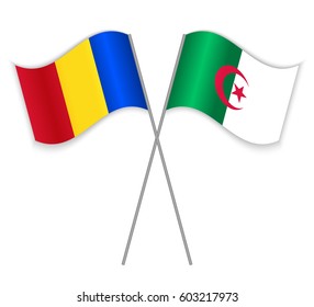 Romanian and Algerian crossed flags. Romania combined with Algeria isolated on white. Language learning, international business or travel concept.