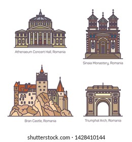 Romanian architecture or Romania famous landmarks or building. Athenaeum concert hall, Sinaia monastery, Bran castle, triumphal arc or arch, Arcul de Triumph at Bucharest. Tourism and monument theme