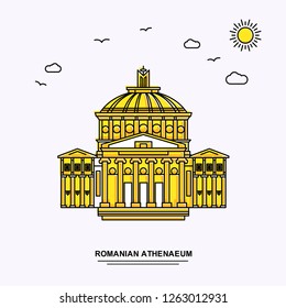 ROMANIAN ATHENAEUM Monument Poster Template. World Travel Yellow illustration Background in Line Style with beauture nature Scene