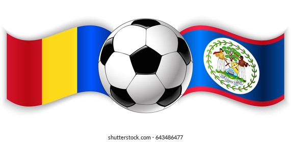 Romanian and Belizean wavy flags with football ball. Romania combined with Belize isolated on white. Football match or international sport competition concept.