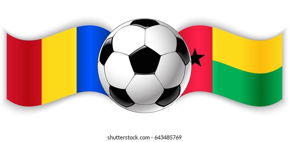 Romanian and Bissau-Guinean wavy flags with football ball. Romania combined with Guinea-Bissau isolated on white. Football match or international sport competition concept.