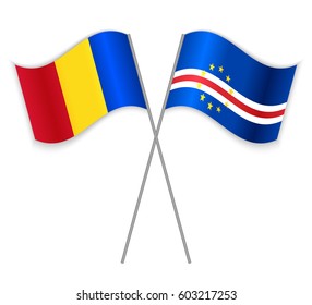 Romanian and Cabo Verdean crossed flags. Romania combined with Cape Verde isolated on white. Language learning, international business or travel concept.