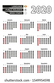 Romanian calendar 2020 with numbers in circles, week starts on Sunday. Vector calendar 2020.