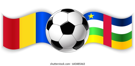 Romanian and Central African wavy flags with football ball. Romania combined with Central African Republic isolated on white. Football match or international sport competition concept.