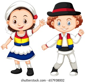 Romanian children in traditional outfit illustration