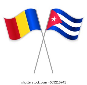 Romanian and Cuban crossed flags. Romania combined with Cuba isolated on white. Language learning, international business or travel concept.