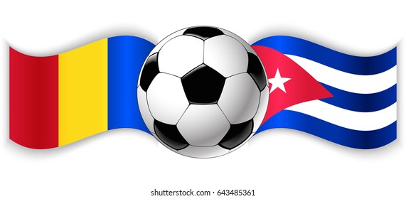 Romanian and Cuban wavy flags with football ball. Romania combined with Cuba isolated on white. Football match or international sport competition concept.